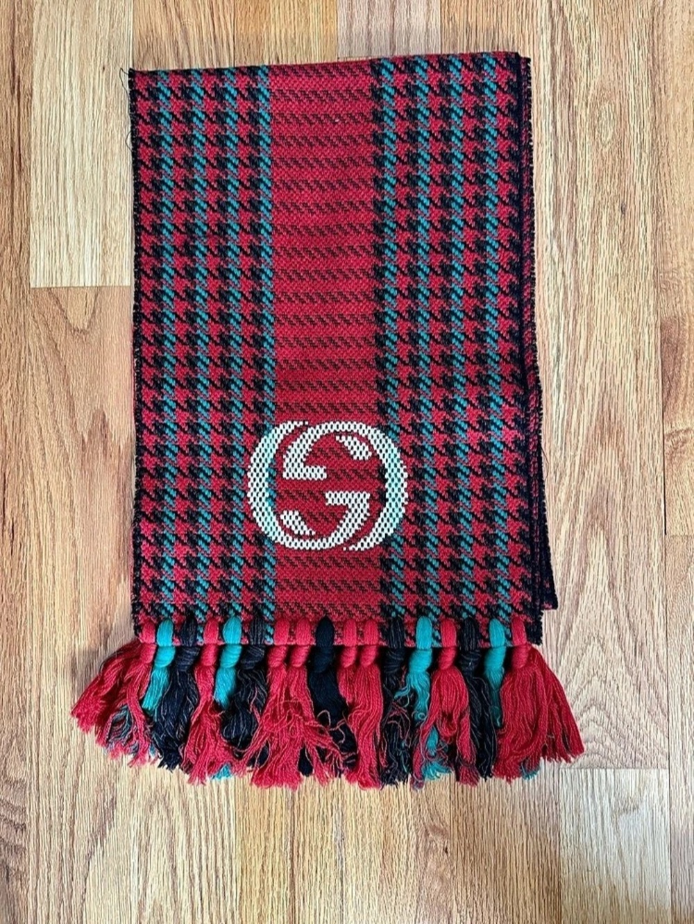 Gucci Interlocking G Houndstooth Scarf Wool Red & Black